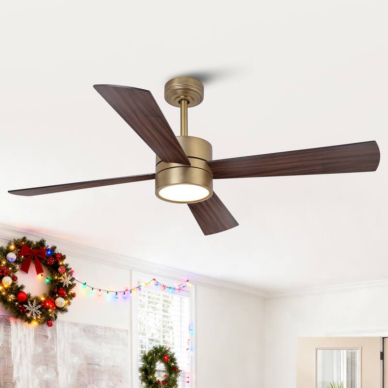52" Black Antqiue Brass Indoor Dimmable Ceiling Fan with Light and Remote, App Control - Distressed Brass