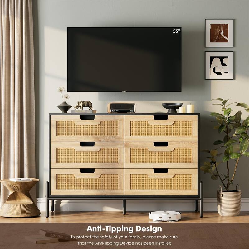 5/6 Drawer Dresser for Bedroom, Natural Rattan Modern Wooden Dresser, Farmhouse Storage Cabinet Chest