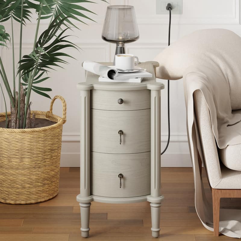 COZAYH Farmhouse 3-Drawer Bedside Table with Charging Station, Vintage Bronze Handles, Solid Pine Legs - Grey