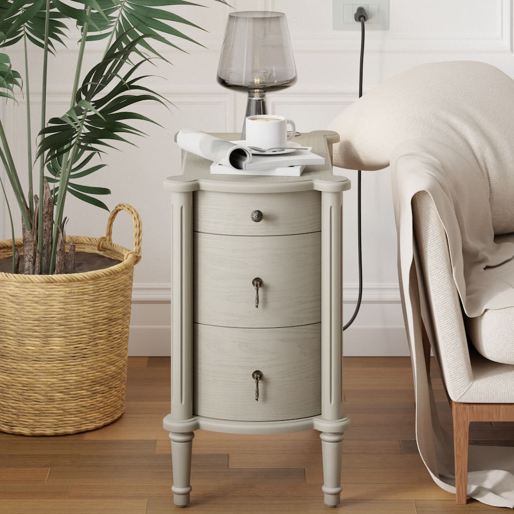 COZAYH Farmhouse 3-Drawer Bedside Table with Charging Station, Vintage Bronze Handles, Solid Pine Legs