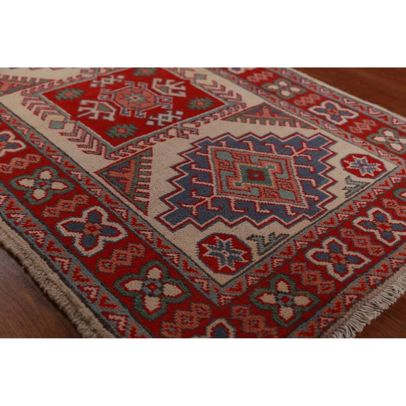 Geometric Beige Kazak Foyer Rug Hand-Knotted Wool Carpet - 2'8"x 4'2"