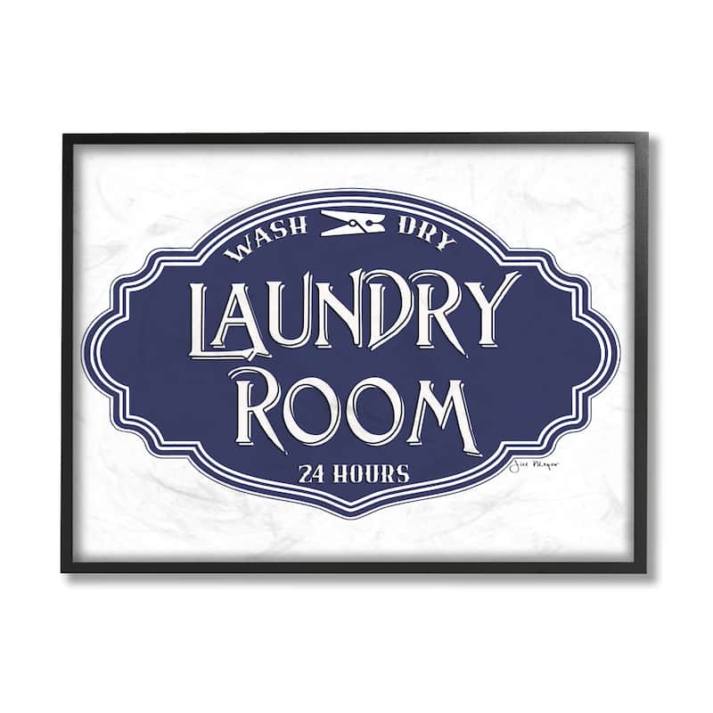 Stupell Vintage Laundry Room Sign Minimal Blue White Framed Giclee Art Design By Jill Meyer - 16 x 20 - Black