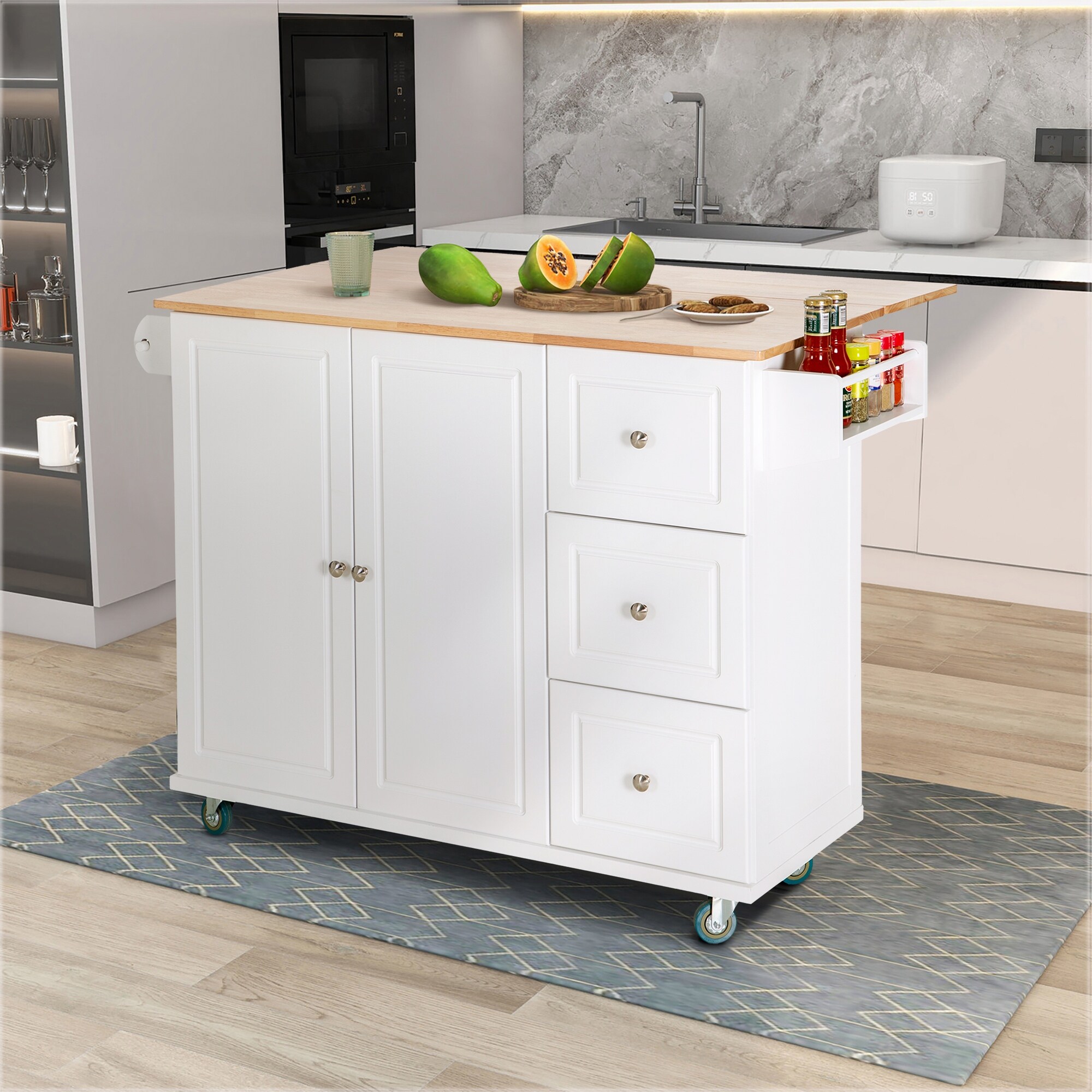 ARTCHIRLY Brown Solid Wood Top 53.1 in. White Kitchen Island with Drop Leaf, Cabinet Door Internal Storage Racks and 3-Drawers