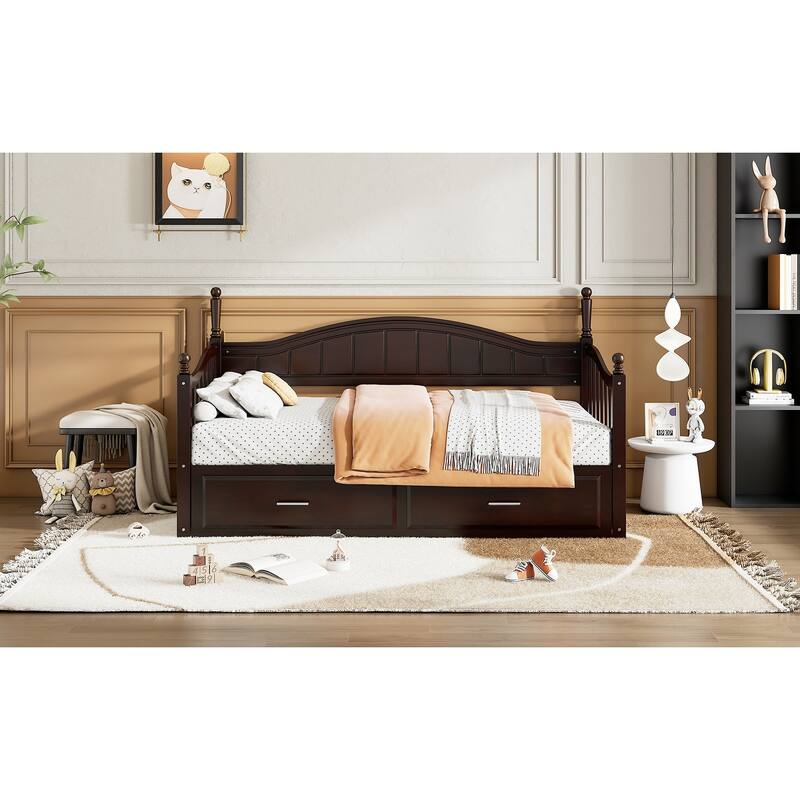 Twin Size Wooden Daybed with Two Storage Drawers and Trundle for Bedroom