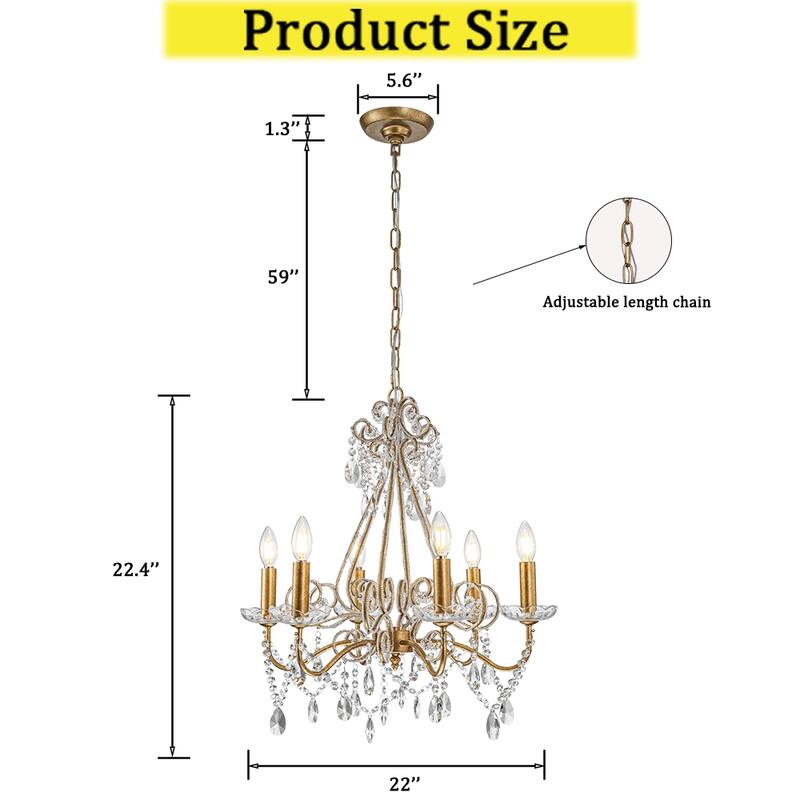 CraftHome Vintage Gold Candlestick Chandelier Pendant Lighting with Crystal Accent