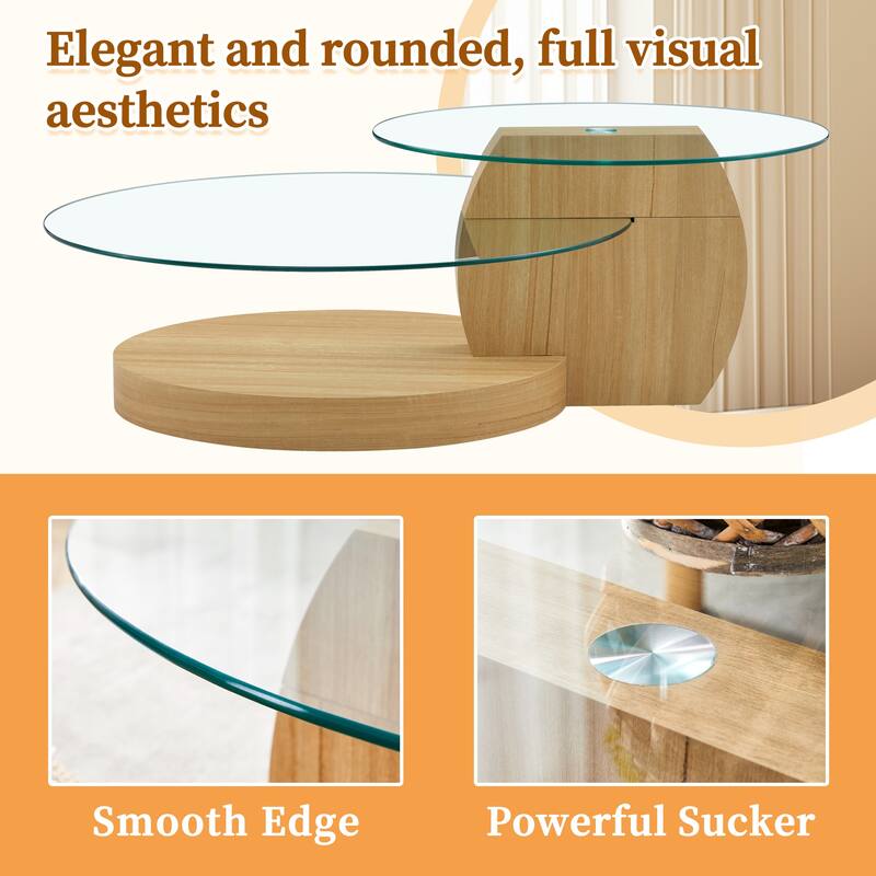 Modern Round Glass Coffee Table w/ Wood Base, 3 Tier Round Coffee Table, Clear Cocktail Table w/ Storage for Home Office