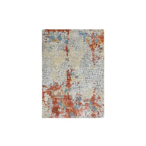 Shahbanu Rugs Cream-Rust Abstract With Fire Mosaic Design Wool And Silk, Hand Knotted Oriental Mat Rug (2'0" x 3'0")