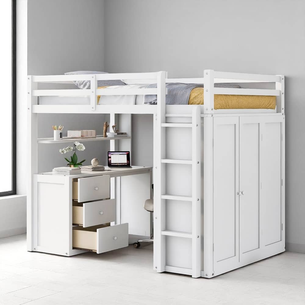 Wooden Twin/Full Loft Bed with Built-in Desk, Wardrobe Closet & Storage Drawers, Guardrail Design