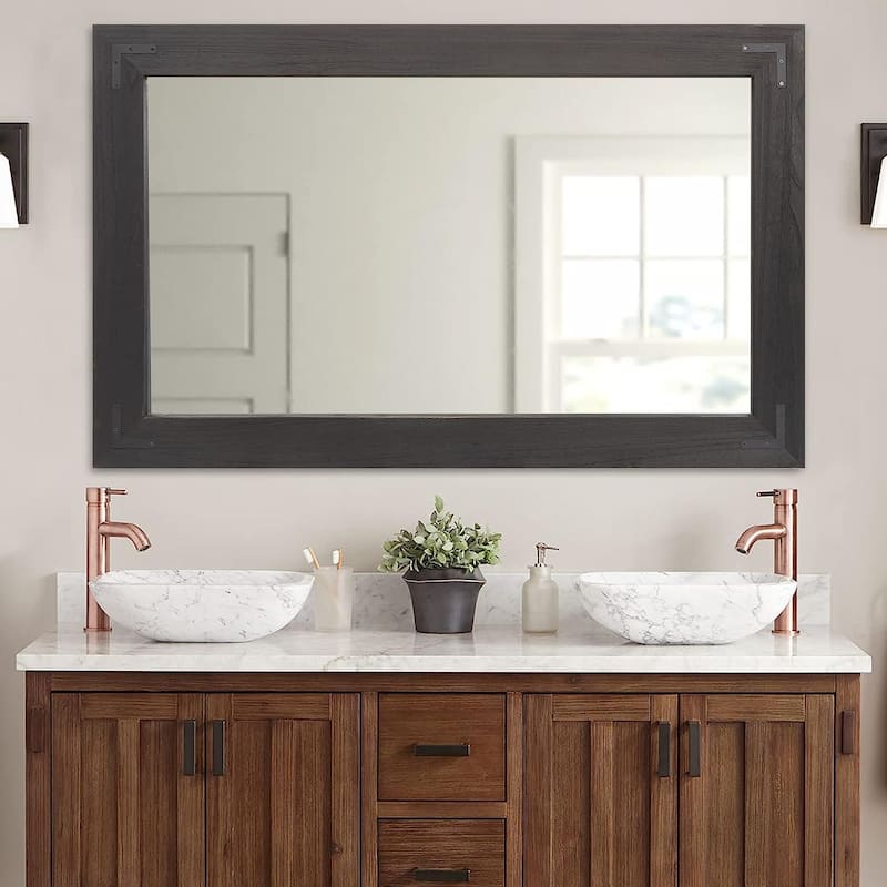Rustic Wooden Framed Wall Mirror, Natural Wood Bathroom Vanity Mirror - 48"x30" - Black