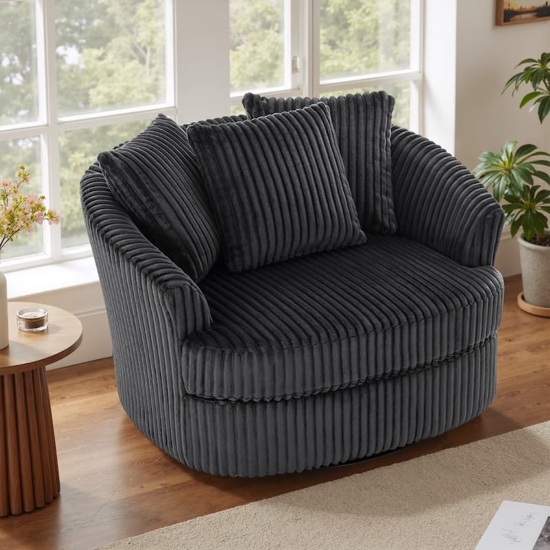Oversized 43" W Plush Corduroy Recessed Arm Swivel Barrel Chair - Dark Grey