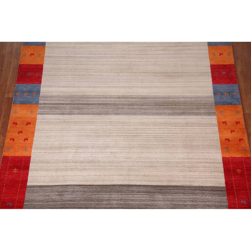 Striped Gabbeh Indian Area Rug Hand-Knotted Wool Carpet - 8'2" x 9'7"