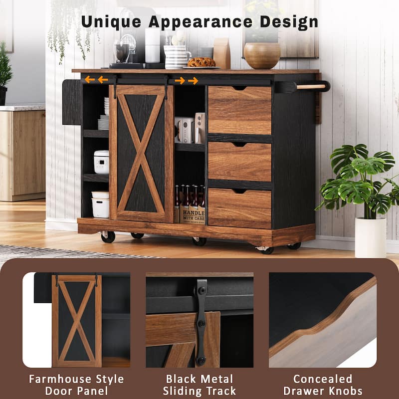 55 Inch Farmhouse Kitchen Island Drop Leaf Barn Door Power Outlet Wheels