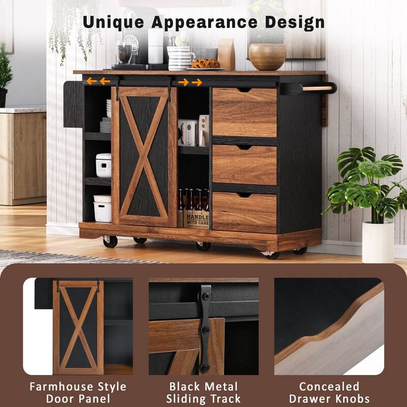 55.5" Farmhouse Kitchen Island with Drop Leaf, Power Outlet, Spice Rack & Barn Door