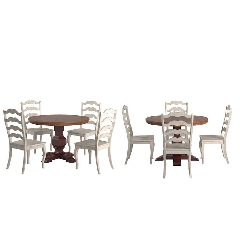Ronda 45" Round Solid Wood Top Dining Set with French Ladder Back Chairs