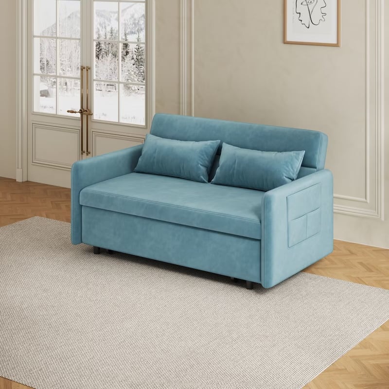 Sofa Pull Out Bed Included 2 Pillows Velvet Sofa for Small Spaces Teal