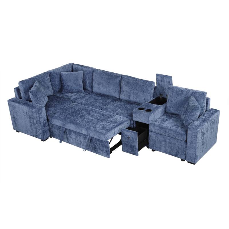 Chenille Pull Out Sectional Convertible Sleeper Sofa Modular Sectional Sofa with Pillow and 2 Cup Holders for Living Room