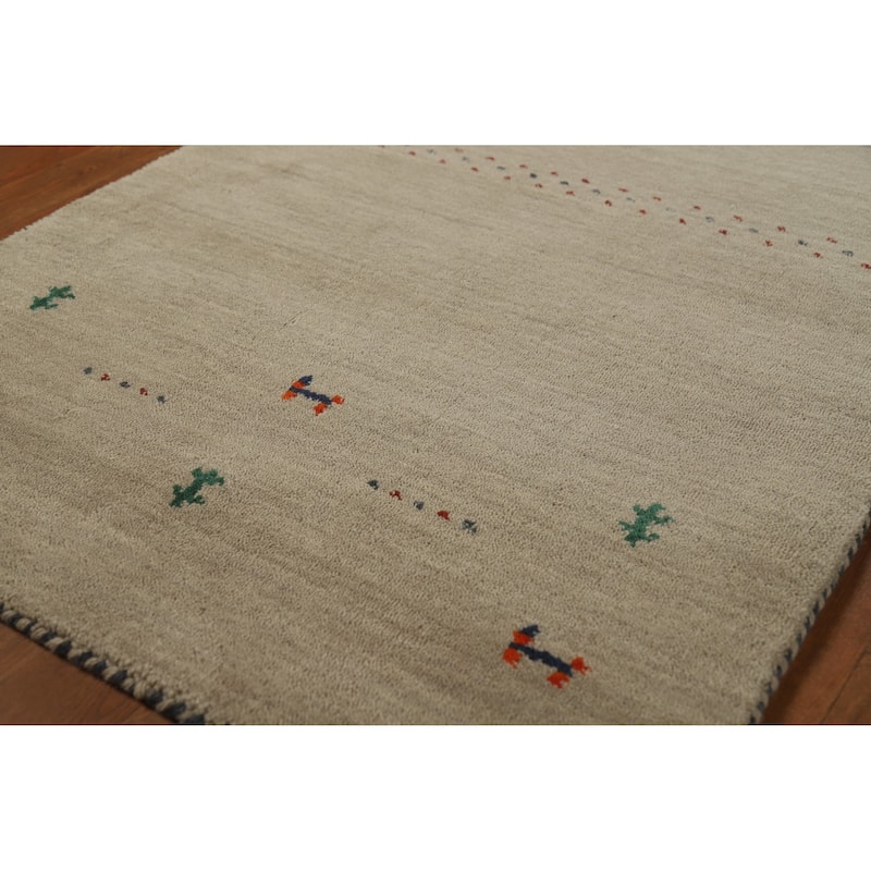 Hand Knotted Oriental 100% Wool Carpet Tribal Animal Pictorial Beige & Ivories Gabbeh Area Rug - 4' 10'' X 2' 10''