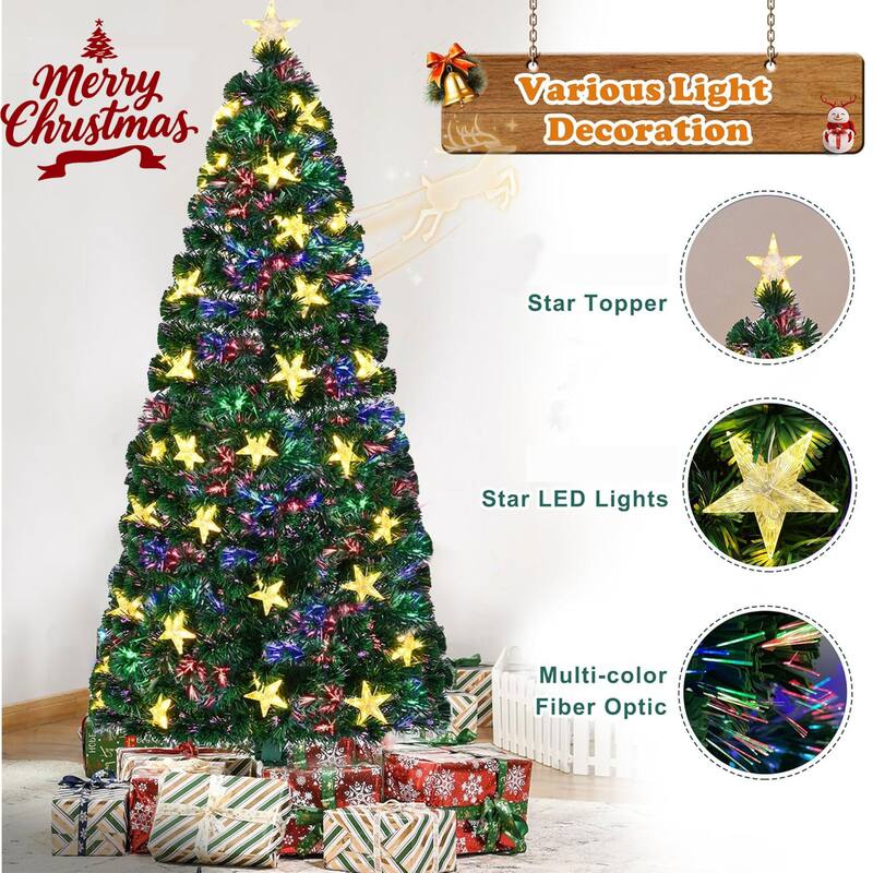 7FT Pre-lit Fiber Optic Christmas Tree with Large Stars, Artificial Xmas Tree Spruce Tree Green Tree with Metal Stand