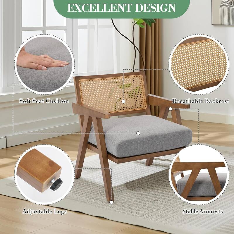 Mid-Century Farmhouse Accent Chair with Rattan Backrest for Living Room, Bedroom