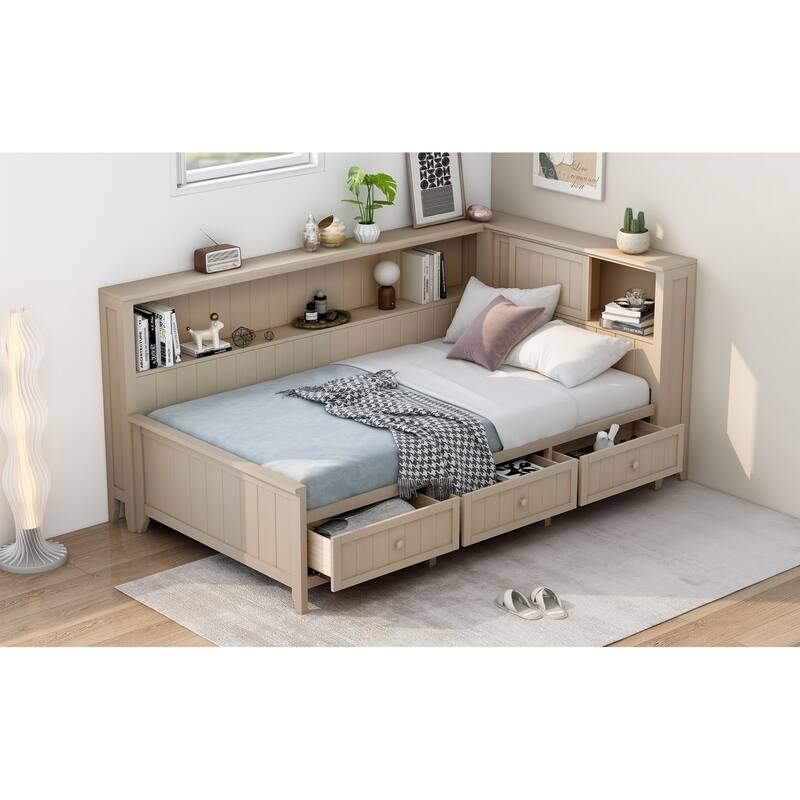 Antique White Twin Wood Daybed with Storage Shelves and 3 Drawers