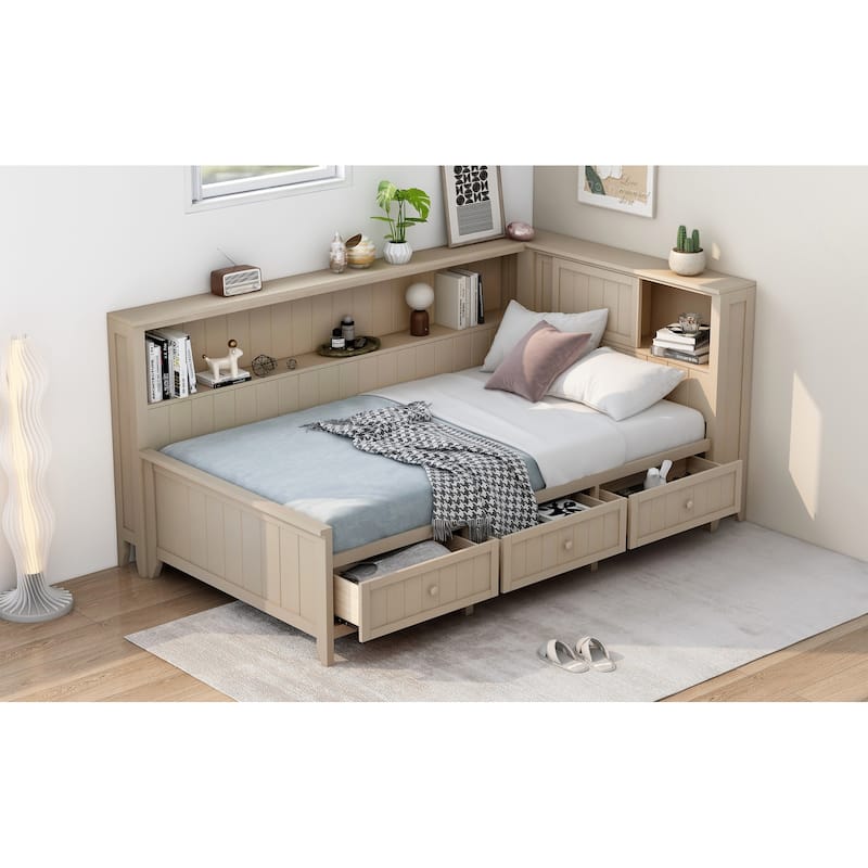 Wood Daybed with Storage Shelves & 3 Drawers - Twin/Full Size, Antique White Finish, Farmhouse Look