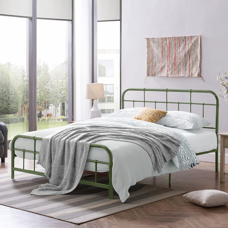 Christopher Knight Home - Aurelio Iron Platform Bed Frame with Rounded Corner Headboard and Footboard - Antique Green_Full - Full