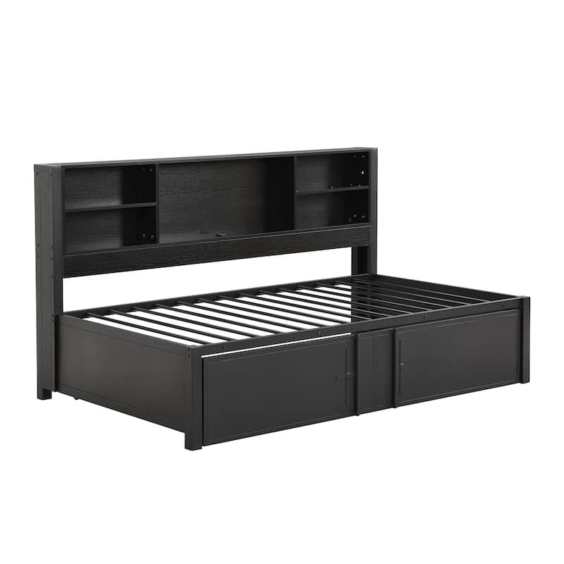 Black Metal Twin Daybed with Trundle & USB Ports