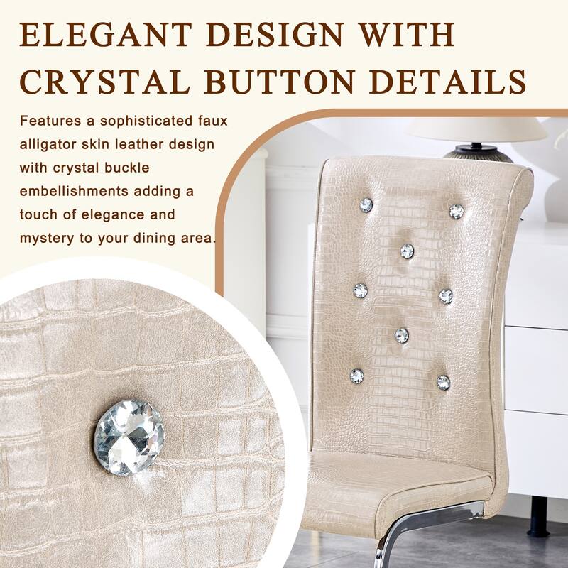 Set of 2, Retro Faux Alligator Skin Upholstered Dining Chairs, with Crystal Buckle Design and Faux Leather Design
