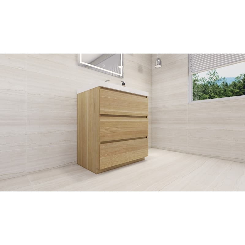 Angeles 30 natural oak finish freestanding bath vanity with single basin reinforced acrylic top