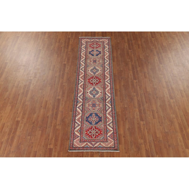 Geometric Brown Kazak Oriental Runner Rug Handmade Wool Carpet - 2'8" x 9'11"