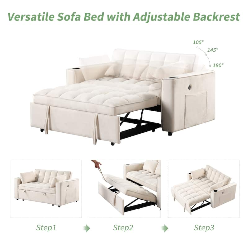 58" Velvet Sofa Bed with Built-In Cup Holder and USB Port, Great for Apartments or Guest Rooms