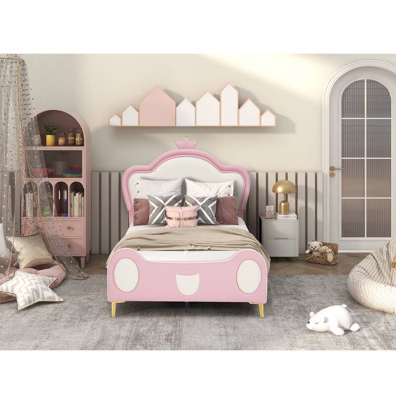 Twin Size Princess Bed with Crown Headboard, PU Upholstered Platform Bed , Twin Size Bed Frame with Bed-End Storage Pocket