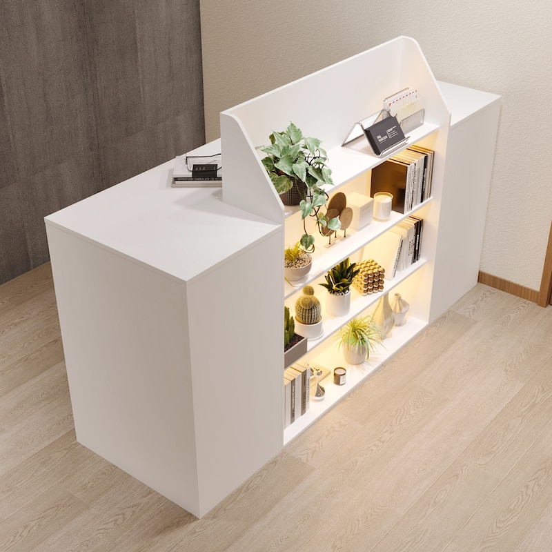 Reception Desk Checkout Counter with LED Display Shelves, Locking Drawer and Storage Cabinets