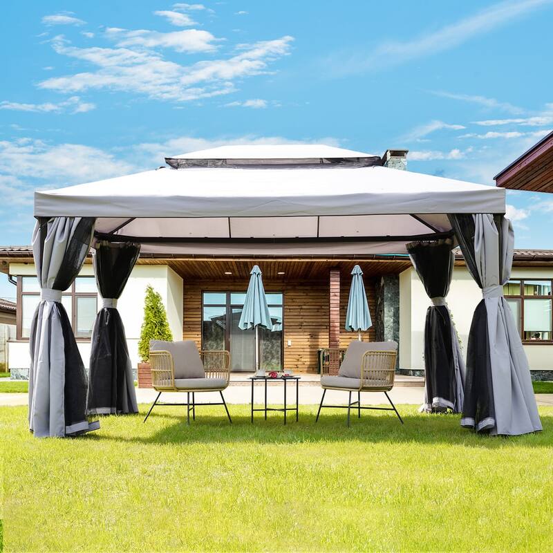 10x13 Ft Patio Gazebo,Outdoor Gazebo Canopy with Mosquito Netting and Curtains,Sturdy Straight Leg Tent Soft Top Gazebo - Black