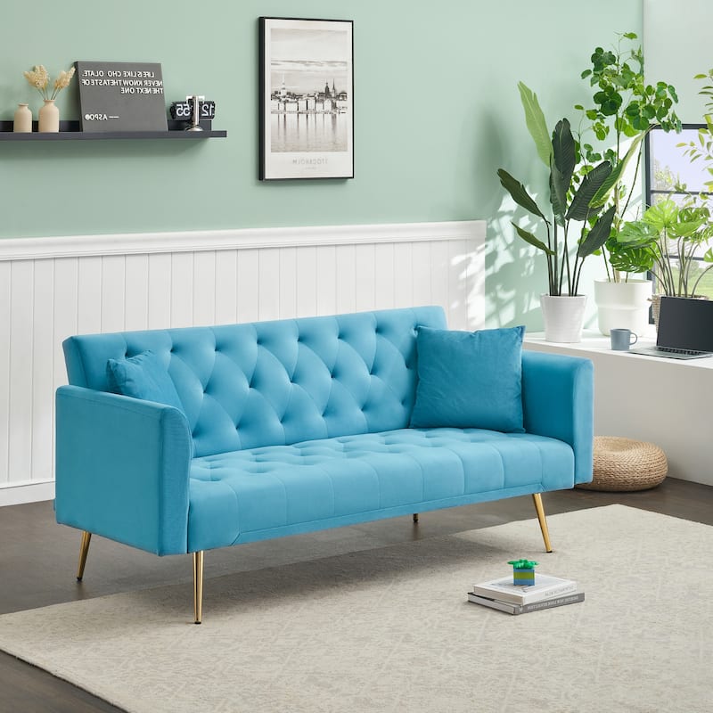 Velvet Loveseat Sofa Adjustable Backrest Sleeper Sofa Bed with 2 Pillow Upholstered Deep Seat Sofa, Tufted Couch