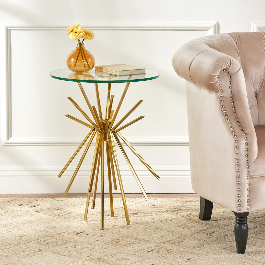 17.75" Modern Round End Table with Metallic Frame and Glass Tabletop for Living Room or Bedroom