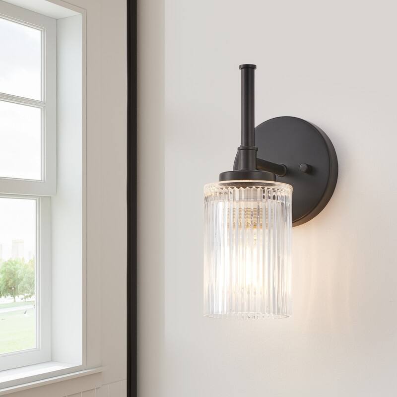 KAWOTI 1- Light Ribbed Glass Wall Sconce (W5" x H11.5" x D6") - Painted Black