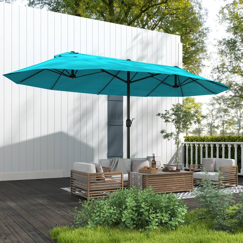 Outsunny Patio Umbrella 15' Steel Rectangular Outdoor Double Sided Market with base, UV Sun Protection & Easy Crank