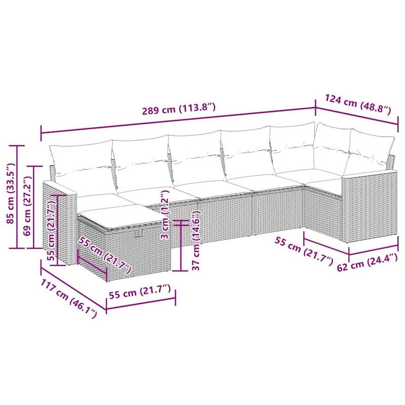 vidaXL 7 Piece Patio Sofa Set with Cushions Black Poly Rattan - 21.7 x 24.4 x 27.2