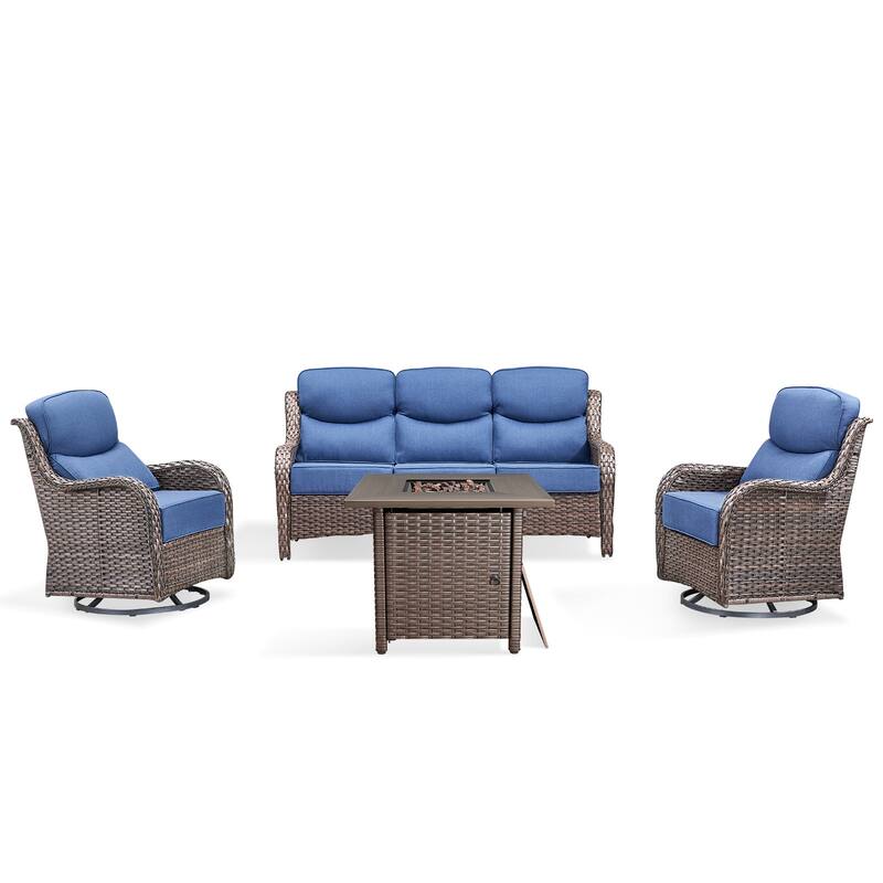 Pocassy 4 Pieces Outdoor 6" Sofa Swivel Chair with Fire Pit Table