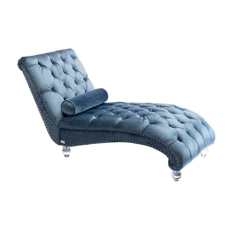 Button-Tufted Upholstered Velvet Recliner Chaise with Pillow and Acrylic Feet