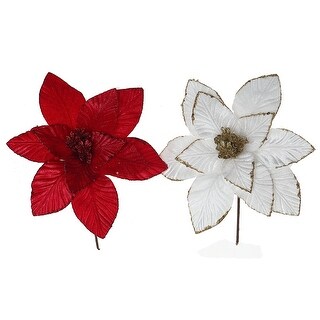 Glitter Edged Veiny Poinsettia Pick (Asstd) - Set of 12 - Bed Bath