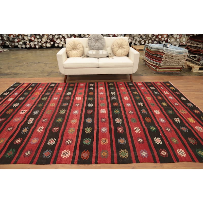 Hand Woven Oriental 100% Wool Carpet Southwestern Tribal Red Kilim Area Rug - 11' 0'' X 7' 0''