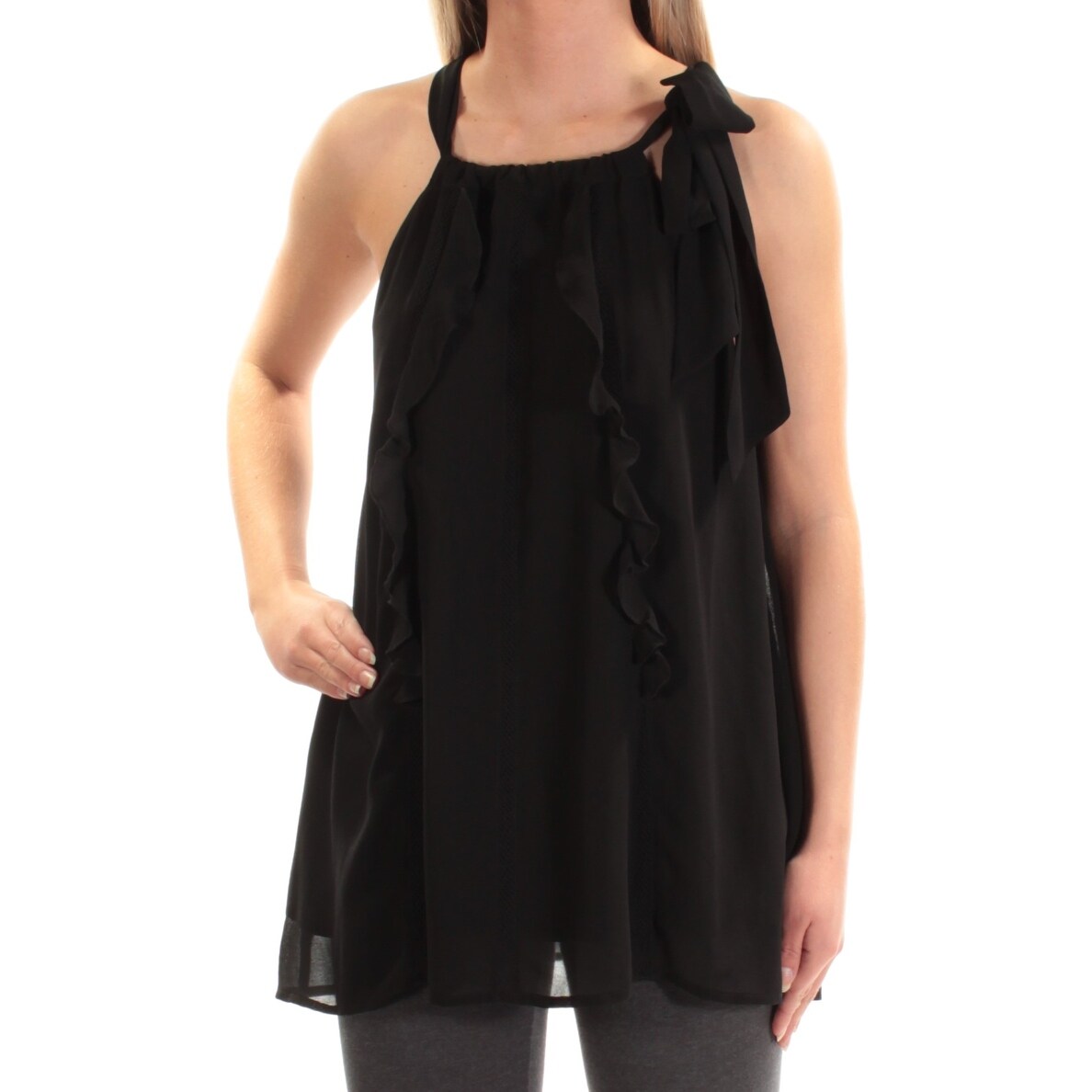 Shop Cynthia Rowley Womens Black Ruffled Sleeveless Square Neck
