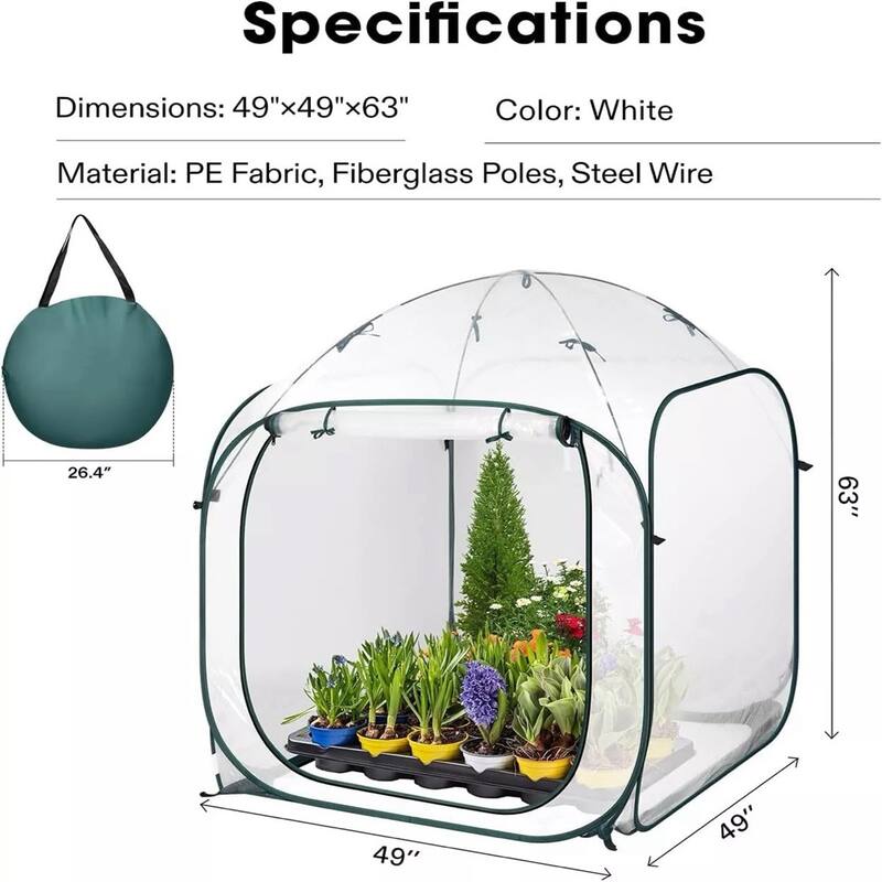 Portable Pop-Up Greenhouse with Clear PE Cover and Fiberglass Frame for Outdoor and Indoor Plant Growth - 49"L x 49"W x 63"H