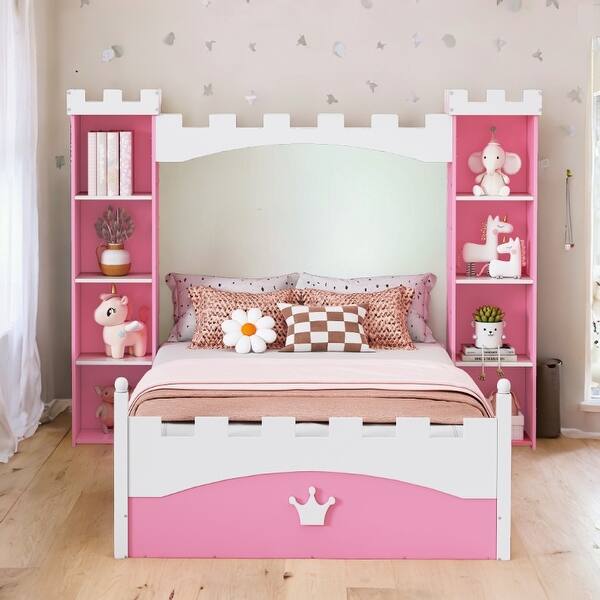 slide 2 of 8, Dreamy Twin Size Platform Castle-Shaped Wooden Bed with Bookshelf