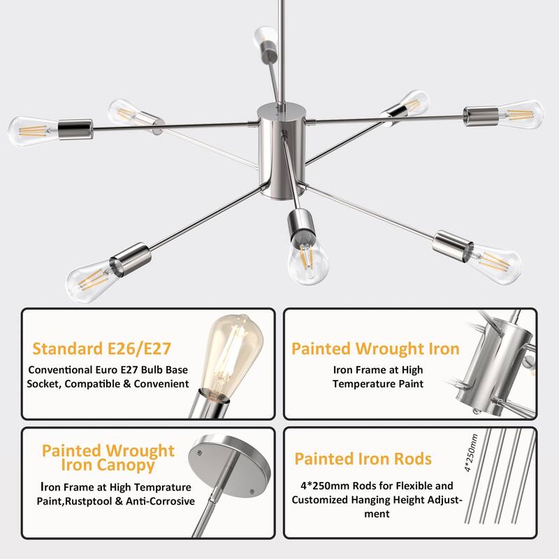 YANSUN Chandelier 8-Light Sputnik Modern Ceiling Light Fixture, Chrome Finish
