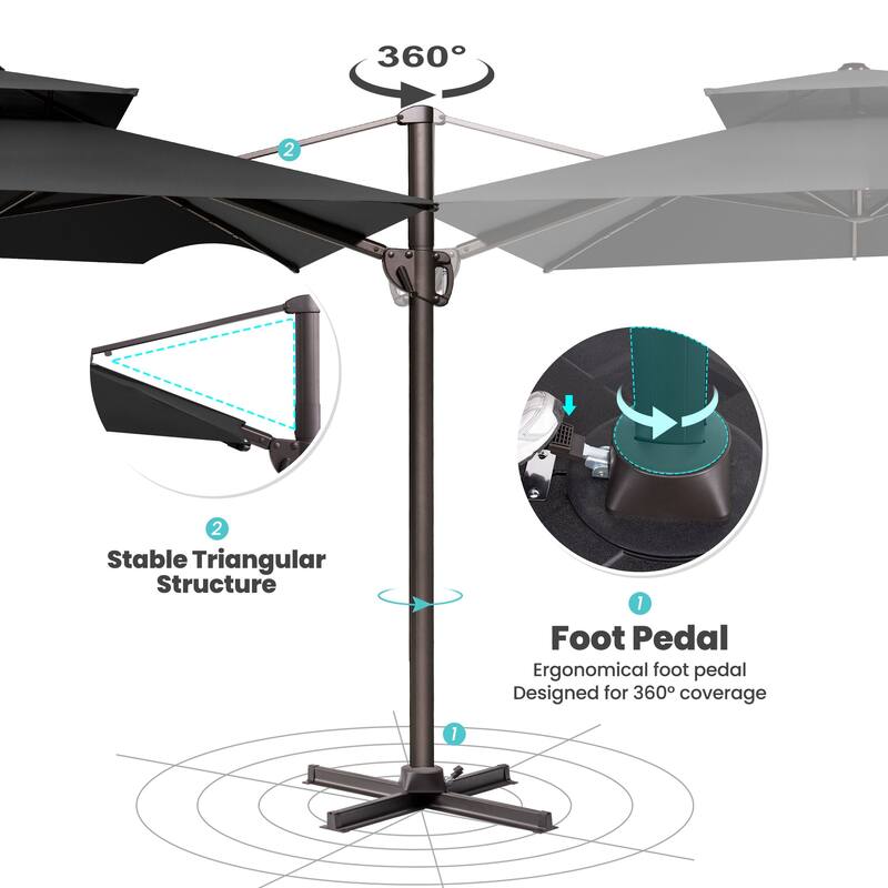 9 x 12 ft Double Top Patio Cantilever Umbrella with Base, 360-degree Rotation