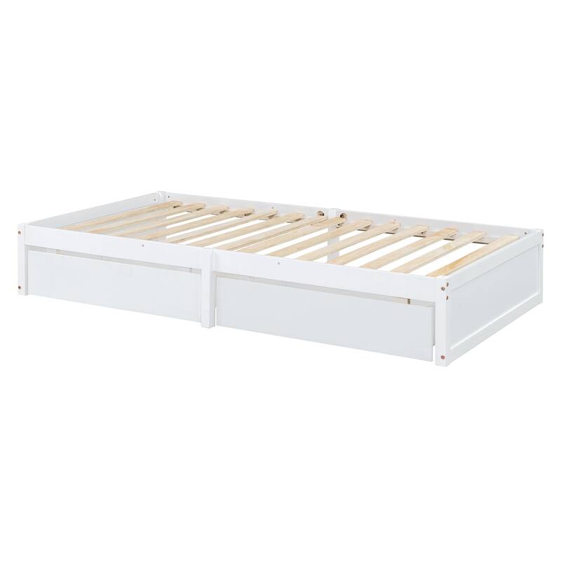 Twin Size Wood Daybed with Fence Guardrails and 2 Drawers, Split into Independent Floor Bed & Daybed