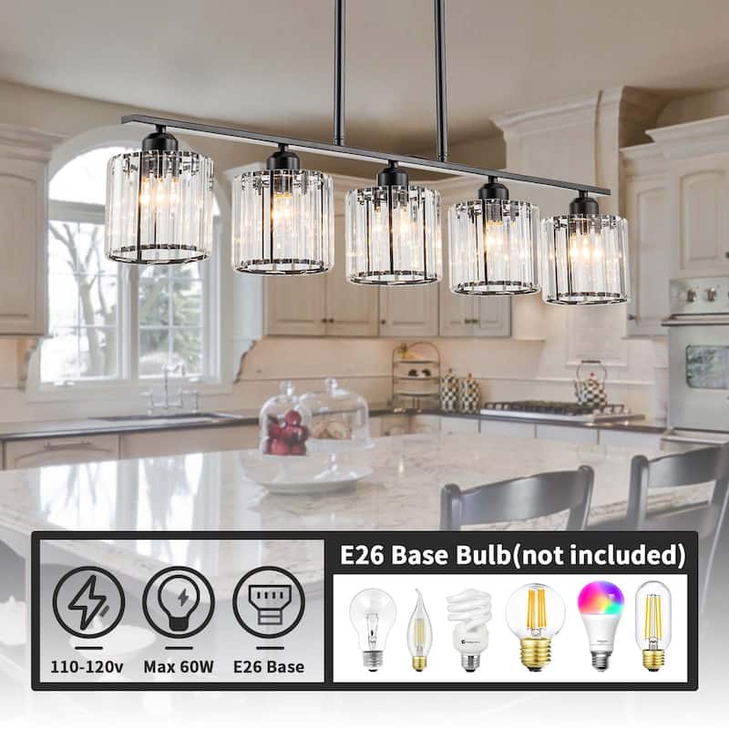 Starsky 5-Light Modern Glass Crystal Chandelier Cluster Linear Kitchen Island Light with Cylindrical Shade